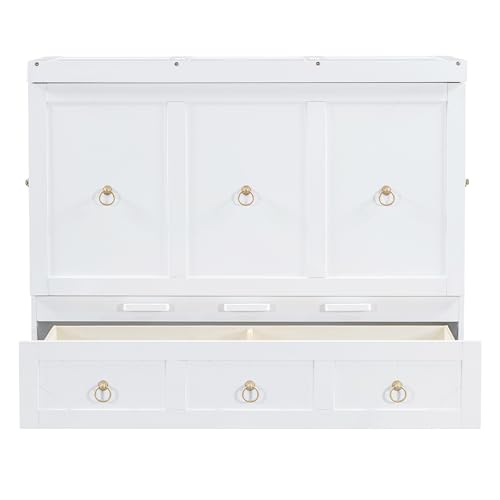 Harper & Bright Designs Full Size Murphy Bed Wall Bed, Solid Pine Murphy Bed Chest Cube Cabinet Bed with USB