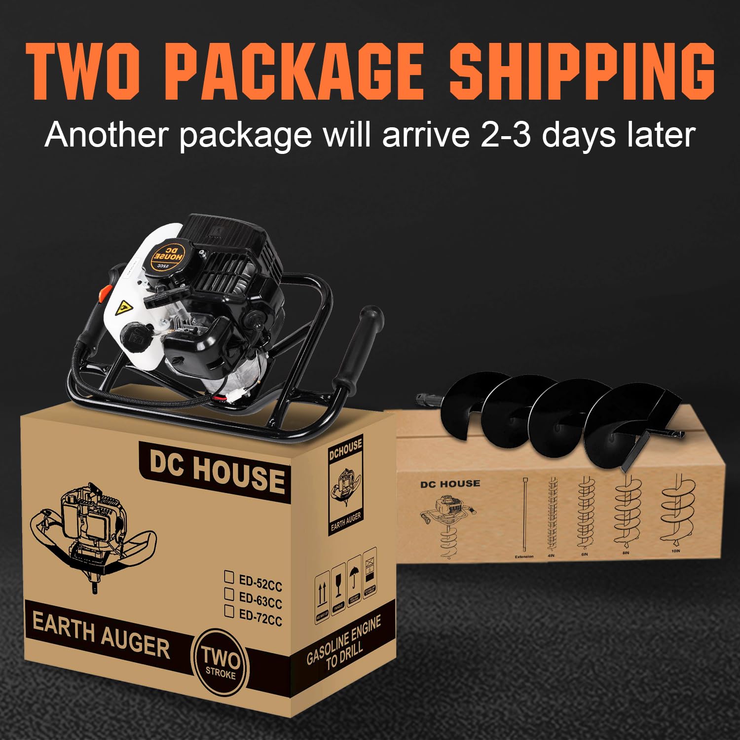 DC HOUSE Post Hole Digger, 52cc 1800W Gas Powered Earth Auger, Auger Post Hole Digger with 3 Drill Bit 4" 6" 8" and 3 Extension Rods 8" 12" 20"