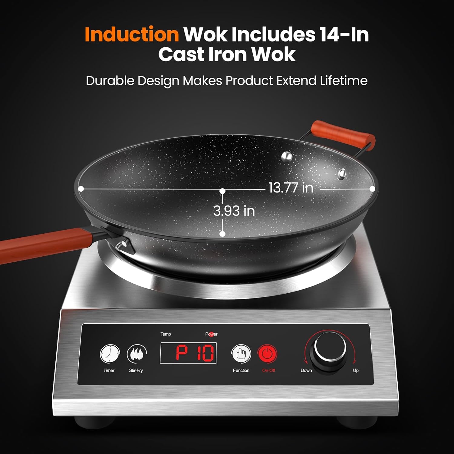 1800W Induction Wok,Stainless Steel Electric Wok Used For Home And Commercial,Temp From 140°F to 460°F