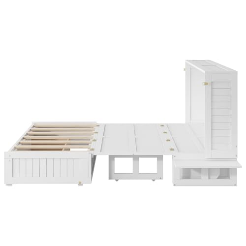 Queen Size Farmhouse Murphy Bed Cabinet with Charging Station, Foldable Platform Bed Frame with 2 Storage Drawers