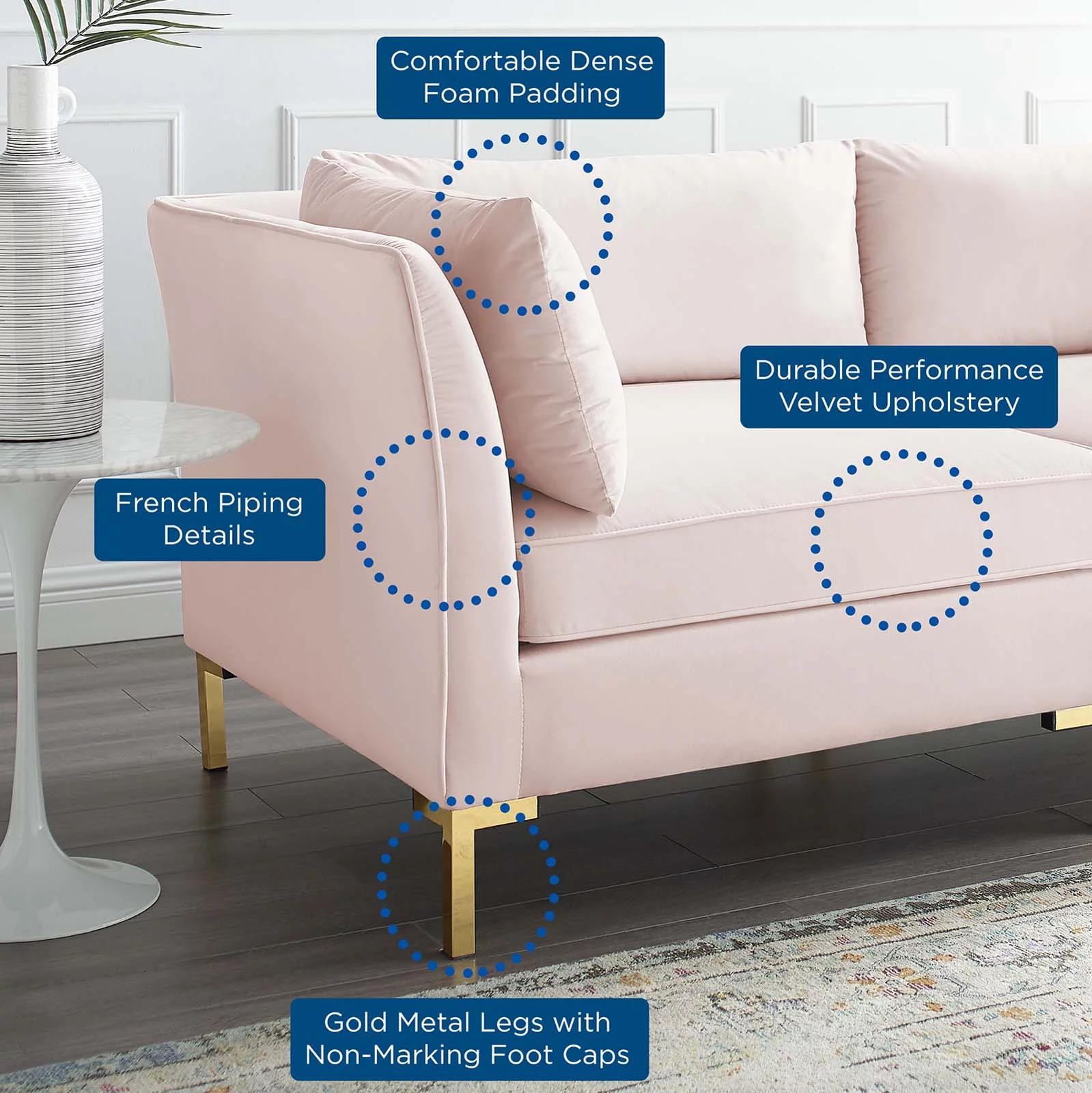 Modway Ardent 6-Piece Performance Velvet Sectional Sofa in Pink