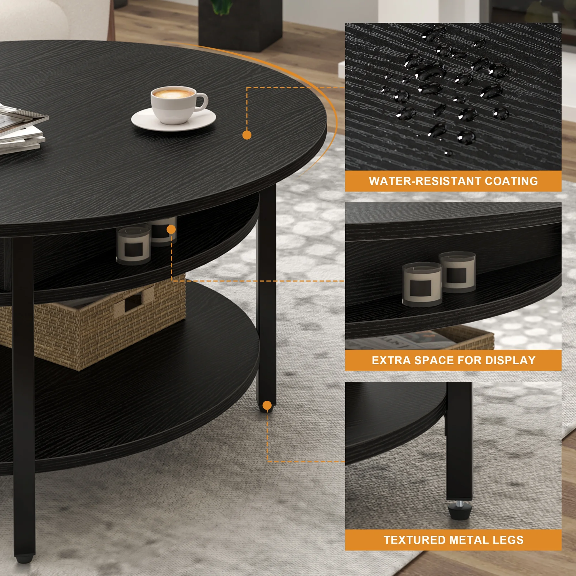 GUNAITO Round Lift Top Coffee Table with Storage Modern Farmhouse Center Table with Shelf Small Circle Table for Living Room for Living Room Black