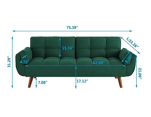 76 Inch Futon Sofa Bed, Modern Tufted Linen Fabric Convertible Sleeper Sofa with Adjustable Positions and Solid Wooden Legs