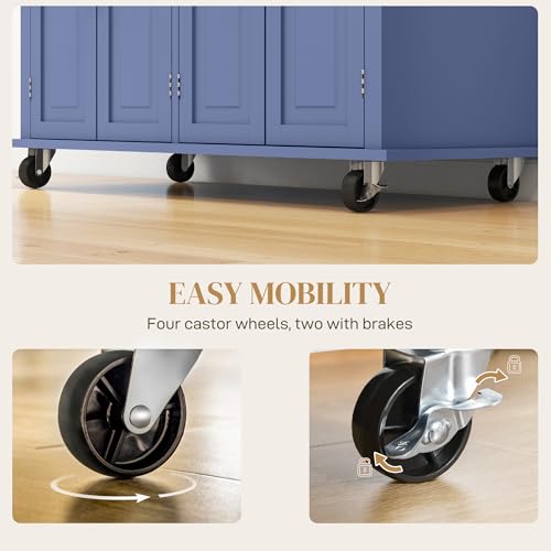 HOMCOM Kitchen Island on Wheels, Rolling Cart with Rubberwood Top, Spice Rack, Towel Rack and Drawers for Dining Room, Navy Blue