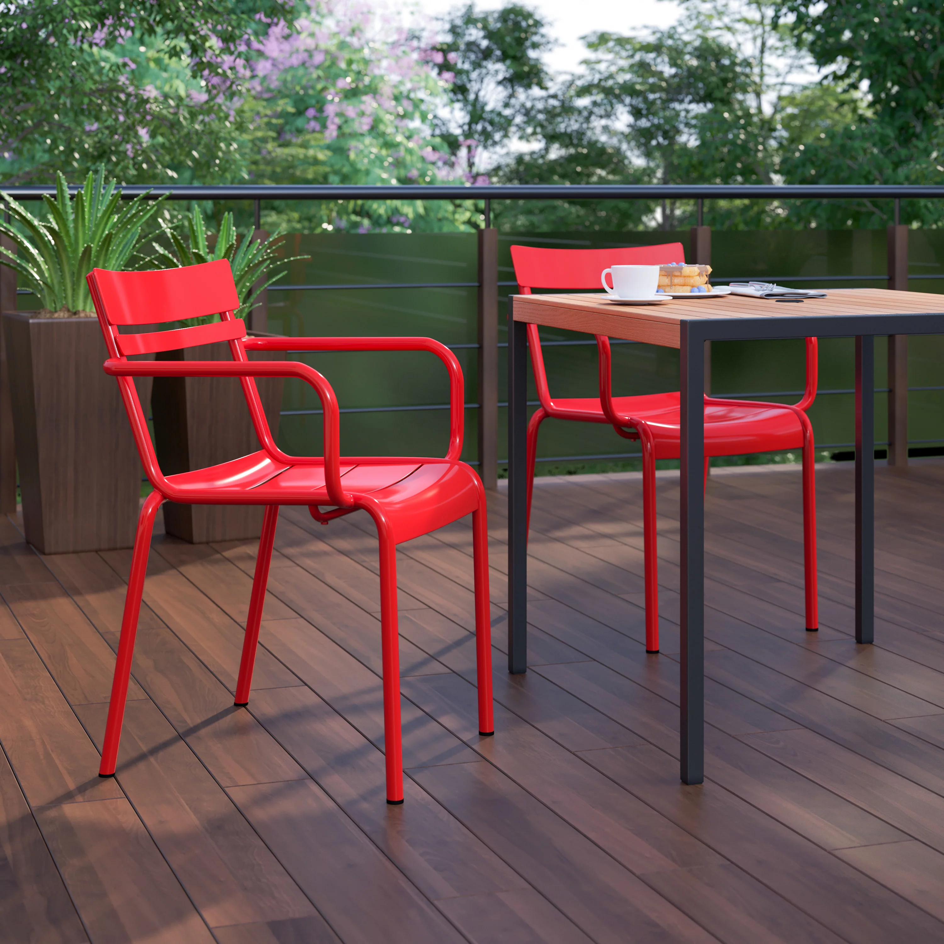 Flash Furniture Nash Commercial Grade Red Steel Indoor-Outdoor Stackable Chair with 2 Slats and Arms