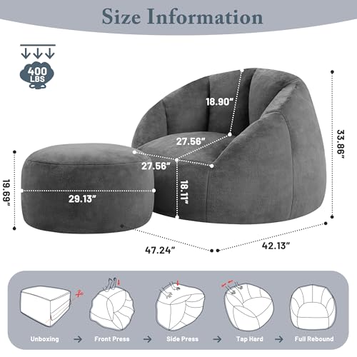 Giant Bean Bag Chair for Adults - Comfy Plush Round Shell Soft Accent Chair, Oversized Cozy Lounge Floor Sofa Reading Chair