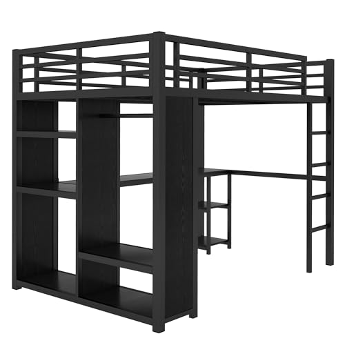 Queen Heavy Duty Metal Loft Bed with L-Shaped Desk, Wardrobe & 5 Storage Shelves – Space-Saving Design for Kids, Teens, Adults – CPC Certified