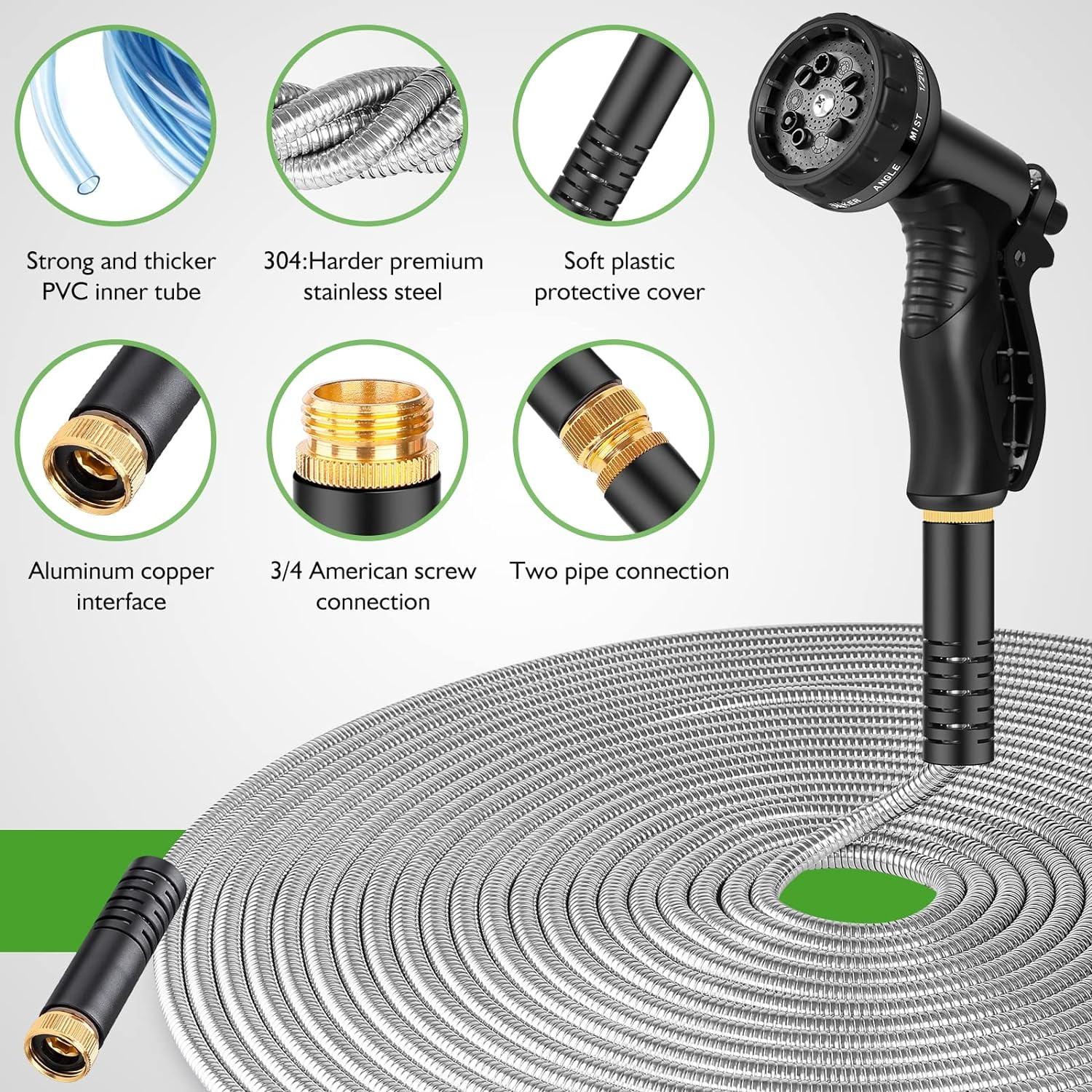 Metal Garden Hose 100FT, Stainless Steel Heavy Duty Water Hose With 10 Function Nozzle, No-Kink, Tough & Flexible, Sturdy and Lightweight