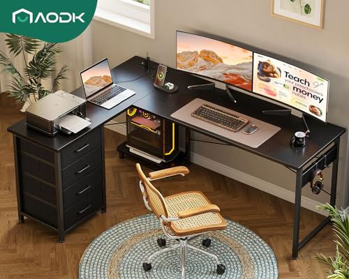 AODK L Shaped Gaming Desk with 4 Drawers, 61" Reversible Home Office Desks with Power Outlets