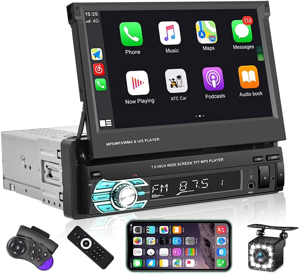 Single Din Car Stereo with CarPlay ,EKAT 7 Inch Flip Out Touchscreen Car Radio Receicer Supports Bluetooth FM Mirror Link for Android/iOS
