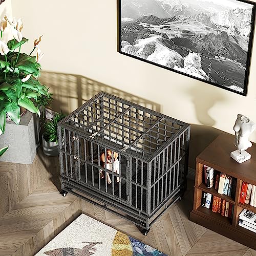 Heavy Duty Extra Large Dog Crate with Wheels - Indestructible 38/42/46 Inch Chew-Proof, Escape-Proof Kennel for High-Anxiety and Extra Large Dogs