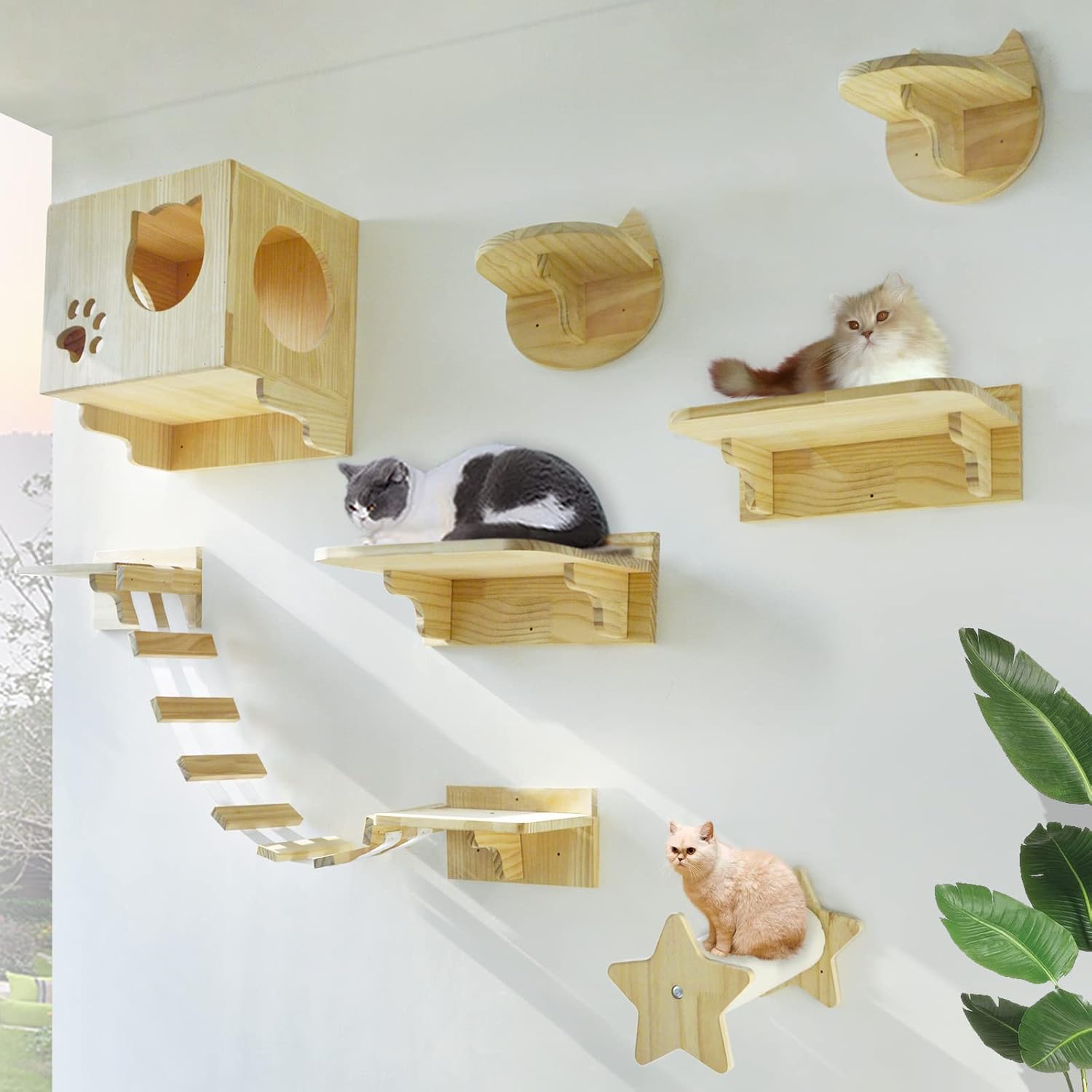 La La Pet® Wall Mounted Cat Furniture Wooden Cat Shelves and Perches for Wall Cat Steps Ladder Cat Bed Activity Tree Cat Climbing Structure Modern
