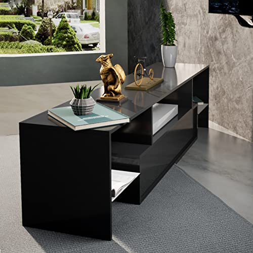Modern High Gloss LED TV Stand for Flat Screens 50+/55/65 inch TV with Storage and Shelves for Living Room，Table Top Gaming Universal Oversized TV