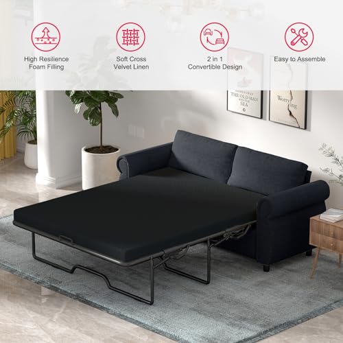 MUZZ Pull Out Sofa Bed, Queen Sleeper Sofa Couch with 4" Thick Memory Foam Mattress, Modern Linen Sectional Loveseat with Rivet Decoration