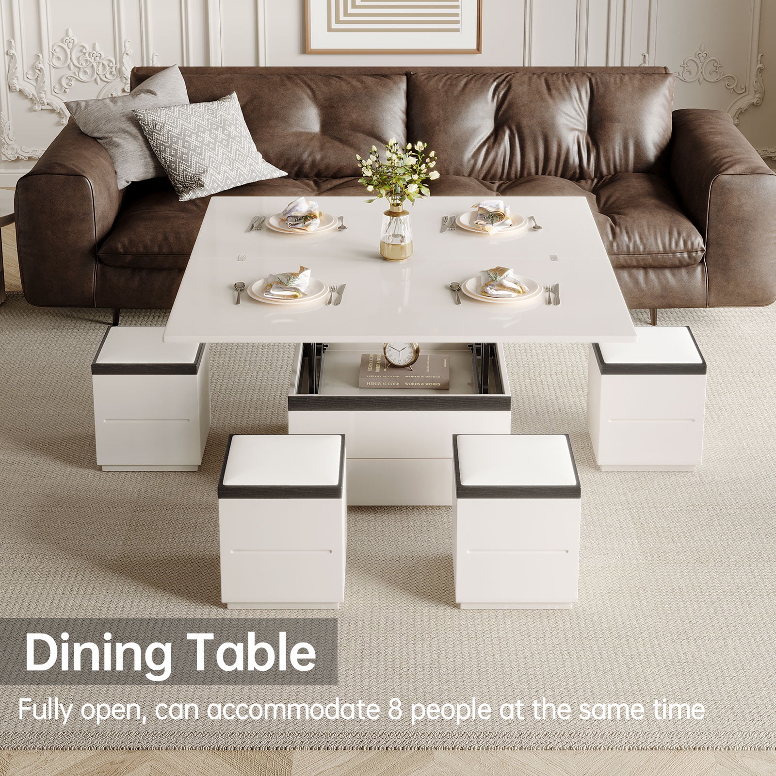 Guyii 47" Lift Top Coffee Table with 4 Stools, White Coffee Table Converts to Dining Table for 4-6 Person, Mobile Table with Drawers for Living Room