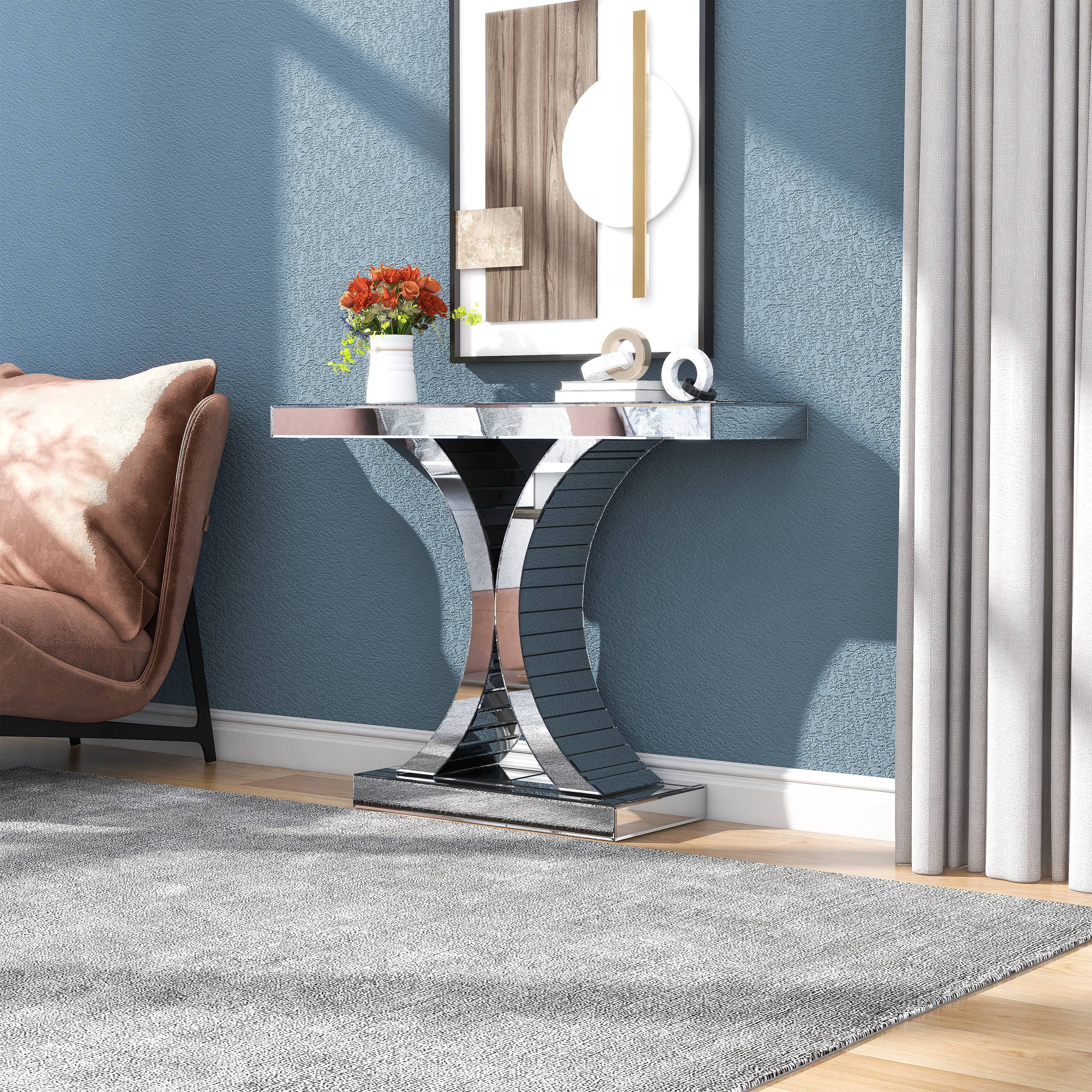 Modern Mirrored Console Table Glass Accent Table X-Cross Sofa Table Entryway Table for Hallway Living Room Bedroom