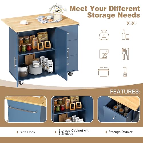 Shintenchi Rolling Kitchen Island Cart with Folding Drop Leaf Breakfast Bar, Portable Trolley Island with Large Storage Cabinet, Shelf and Drawer