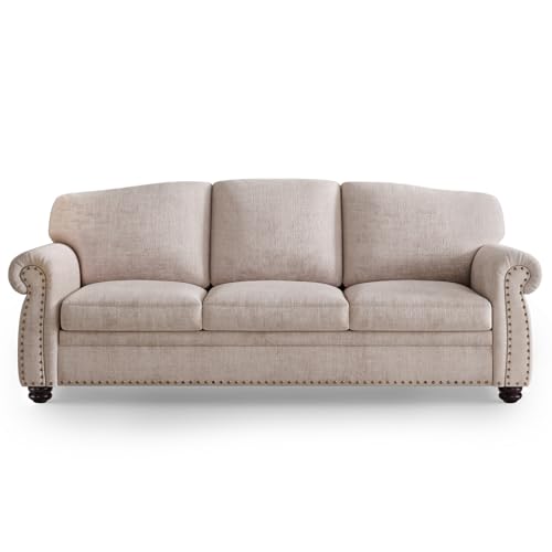 90 Inch Nailhead Trim Couch for Living Room, 23 Inch Deep Seat Rolled Arm Sofa, Comfy Upholstered 3 Seater Chenille Couch w/Wooden Leg