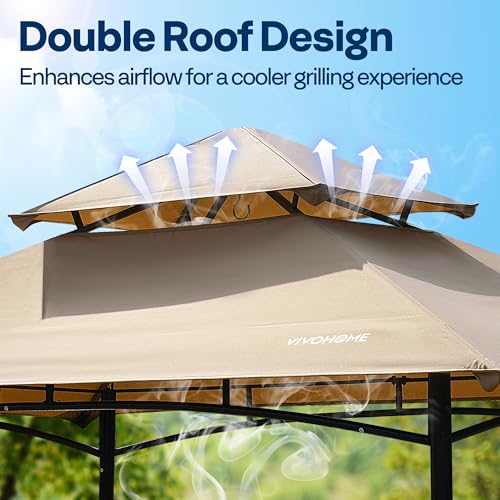 VIVOHOME 8&times;5 ft Grill Gazebo Outdoor BBQ Patio Canopy Tent with Double Tiered Vented Top & 2 Side Shelves, Beige