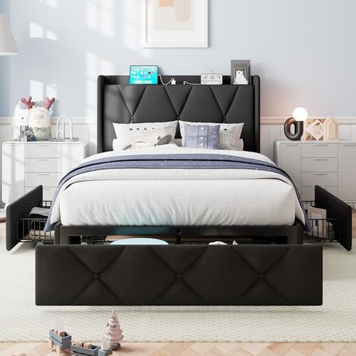 iPormis Queen Bed Frame with 4 Storage Drawers, Upholstered Platform Bed Frame with Charging Station, Modern Wingback Storage Headboard