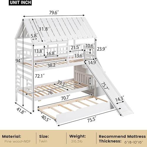 MERITLINE House Bunk Beds Twin Over Twin with Slide, Twin Bunk Bed with Storage Stairs and Trundle