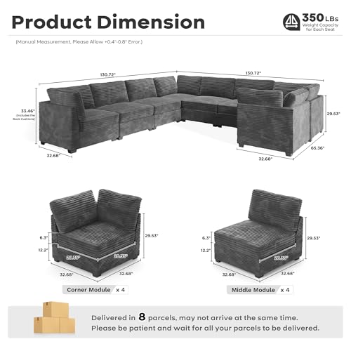 ovios 130.7" Modular Sectional Sofa Couch, U-Shaped Cloud Couches with 2 Ottomans Chaise