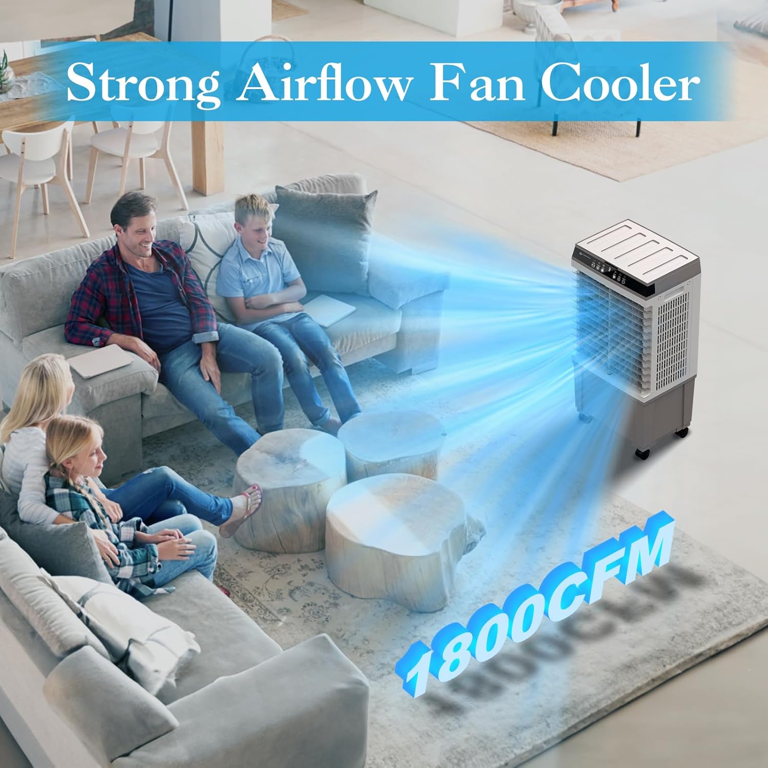 Evaporative Air Cooler, 1800CFM Swamp Cooler with 5.3 Gallon Water Tank Remote Control, 3 Speed Cooling Fan