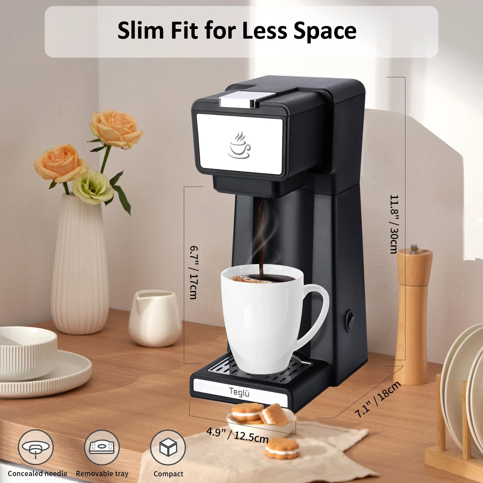 Slim Single Serve Coffee Maker 2 in 1 for K Cup Pod & Ground Coffee, Mini K Cup Coffee Machine 14 Oz