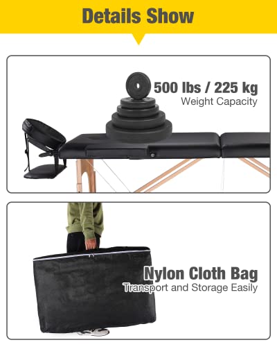 Portable Massage Table Massage Bed Professional SPA Reiki Eyelash Salon Bed, Wooden Frame Height Adjustment & Accessories, Black (3-Section)