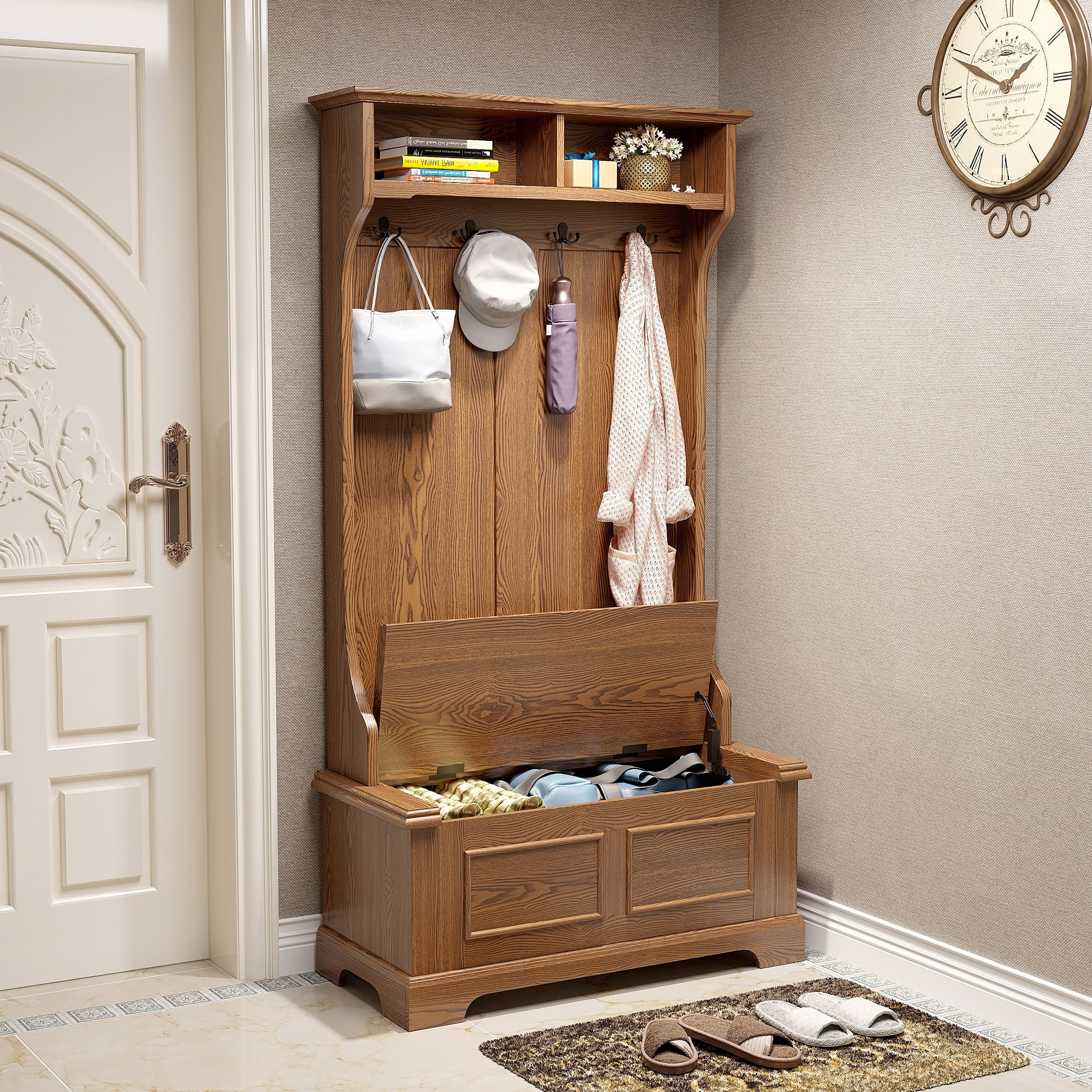 BALANBO Entrance Coat Rack Hall Tree Storage Bench with Metal Black Hooks and Shelves Cabinet - Ash Finish （Brown） - Radiant Selections