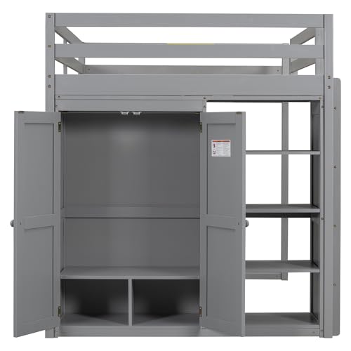 Harper & Bright Designs Full Size Loft Bed with Desk, Storage Shelves and Drawers, Solid Wood Loft Bed Frame with Built-in Wardrobe, Walnut