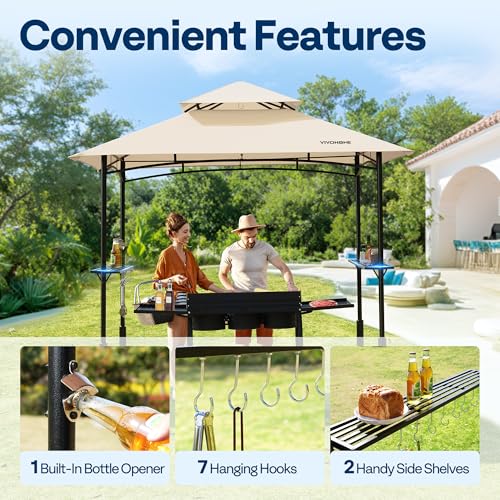 VIVOHOME 8&times;5 ft Grill Gazebo Outdoor BBQ Patio Canopy Tent with Double Tiered Vented Top & 2 Side Shelves, Beige