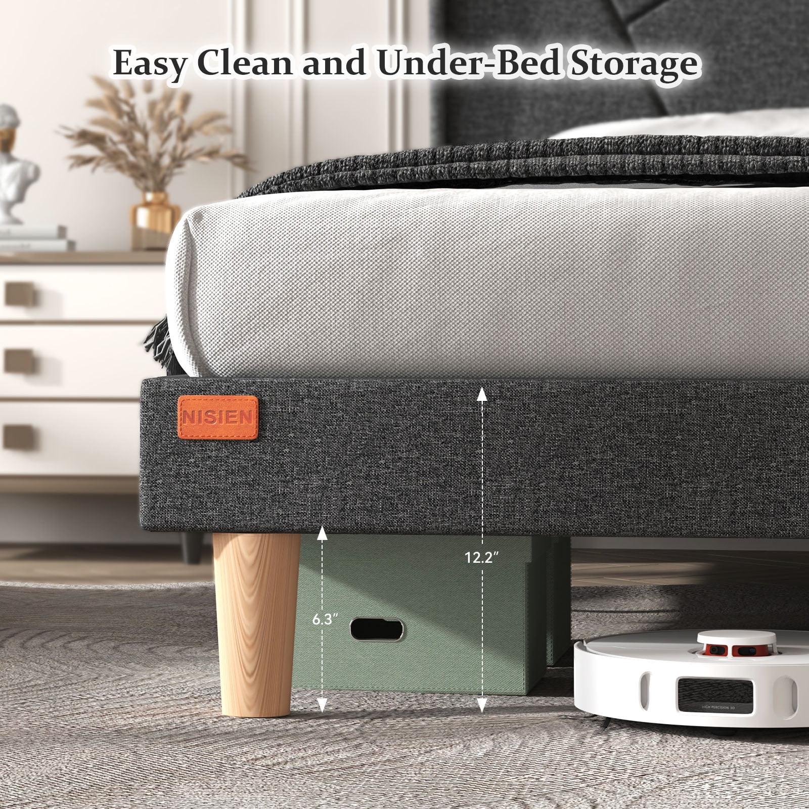 NISIEN Queen Bed Frame with Charging Station, Upholstered Platform Bed Frame with Wingback Storage Headboard, No Box Spring Needed, Dark Grey