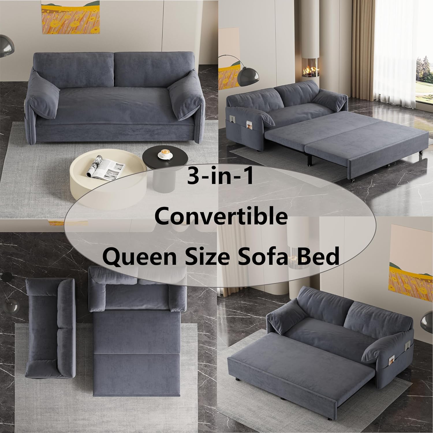 HomSof 63.8" Queen Pull Out Sofa Bed,3-in-1 Convertible Sleeper Sofa with 2 Soft Pillows,Multi-Functional Velvet Loveseat Bed for Living Room,Bedroom