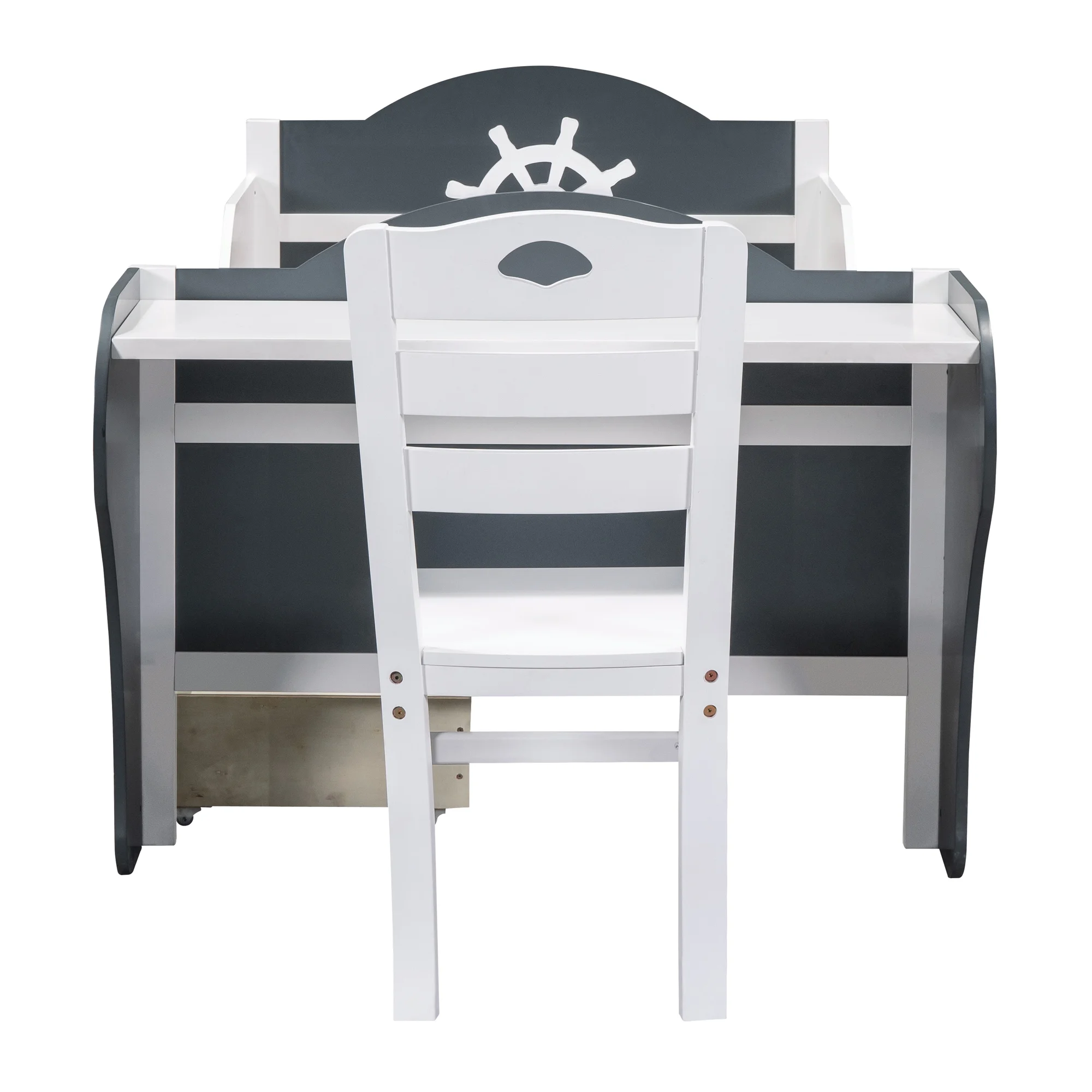 CoSoTower Twin Size Boat-Shaped Platform Bed with Two Drawers,Twin Bed with Desk and Chair for Bedroom,White+Gray