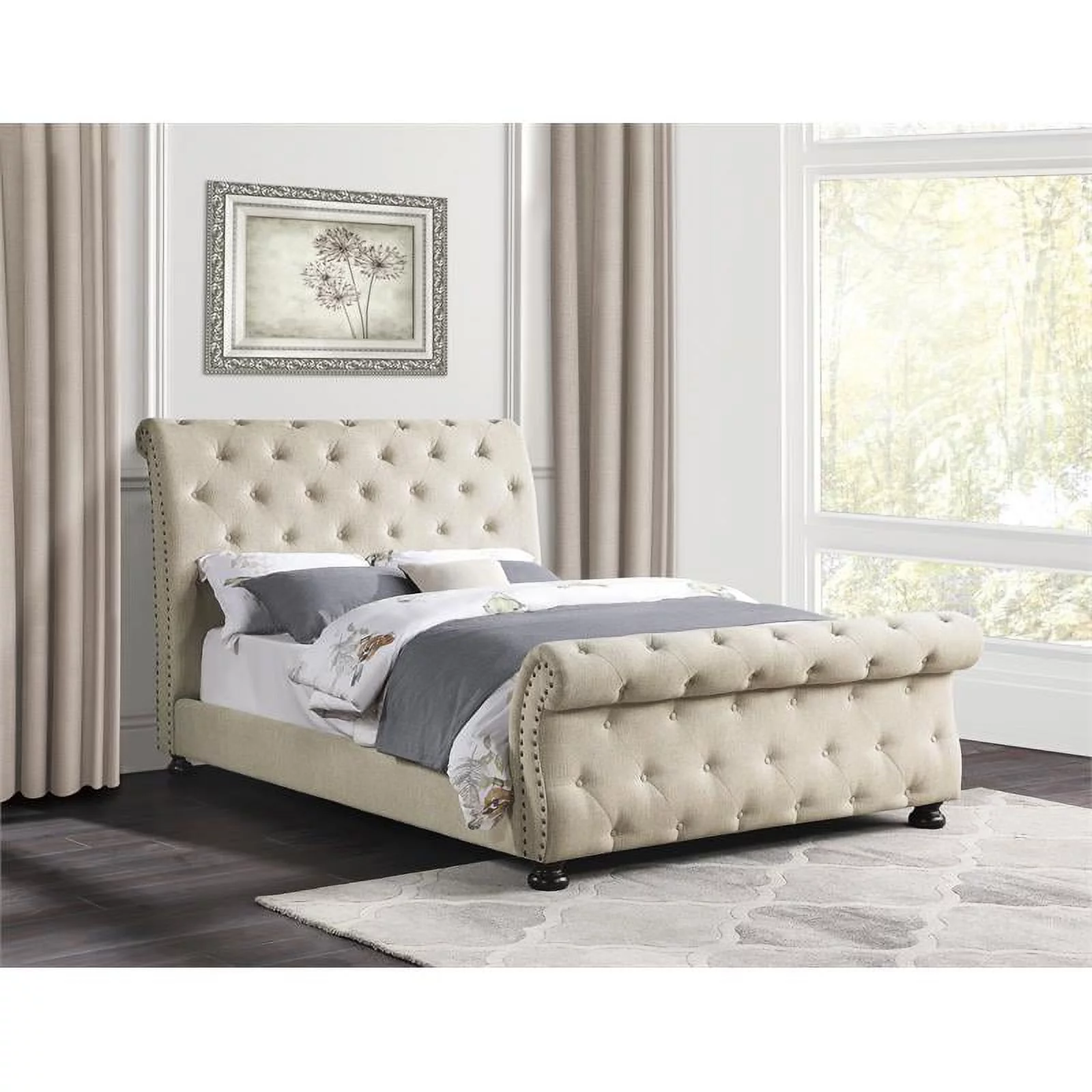 Lexicon Crofton Classic Wood Tufted Sleigh Bed, California King, Beige