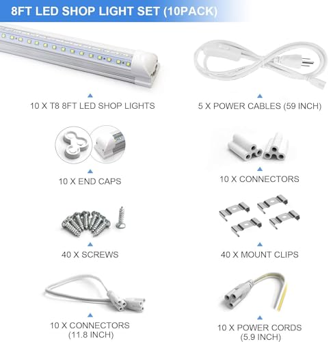 10-Pack 8ft LED Shop Light Fixture - 90W T8 Integrated LED Tube Light - 6500K 12000LM V-Shape Linkable - High Output - Clear Cover - Plug and Play