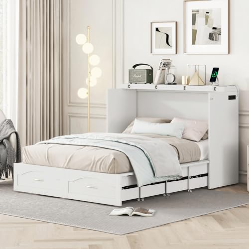 Queen Size Murphy Wall Bed with Storage, Bookcase Headboard, Solid Wood Cabinets, Shelves, Drawers and USB Ports