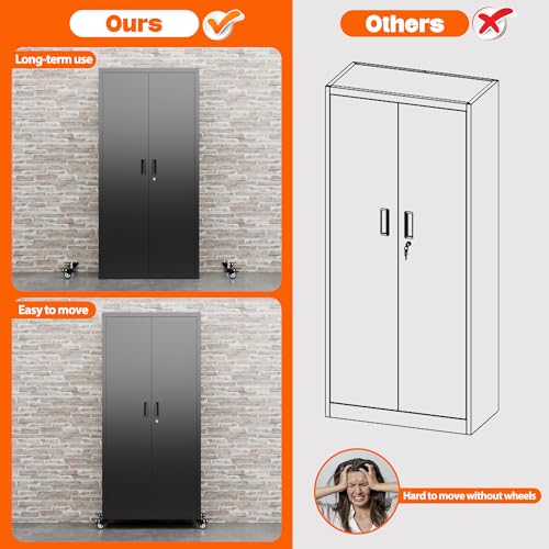 Metal Storage Cabinet with Wheels, 73" H Rolling Garage Cabinets with Locking Doors and Adjustable Shelves for Home Office, Basement, Pantry, Workshop