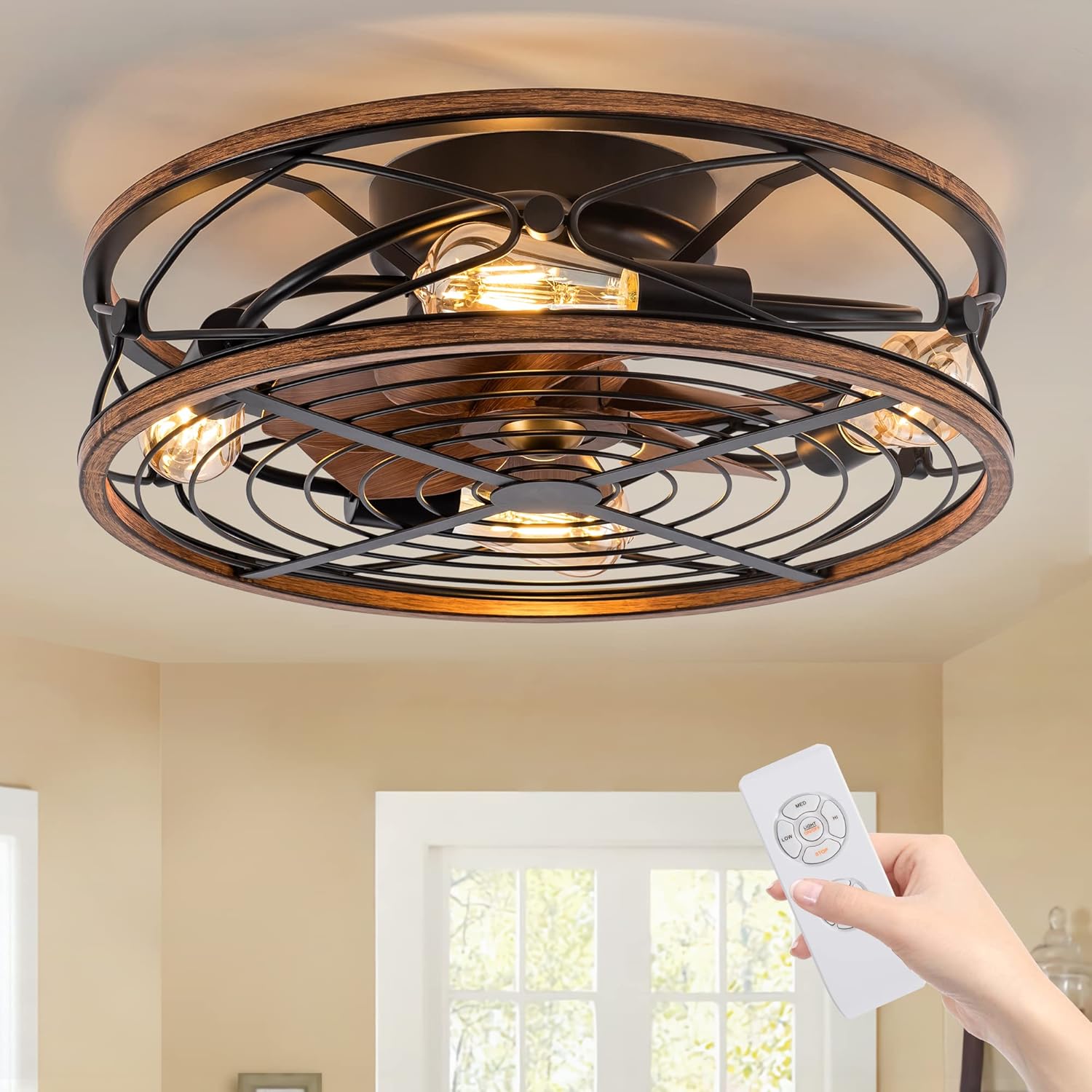 Caged Ceiling Fan With Light, 20 in Bladeless Ceiling fan With Remote Control