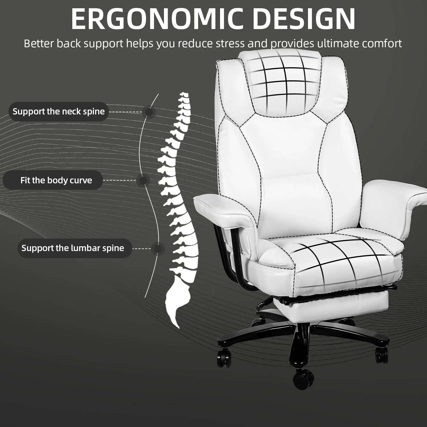 SeekFancy High Back Executive Office Chair, Ergonomic PU Leather Office Chair Heavy Duty Computer Desk Chair Reclining Office Chair with Footrest