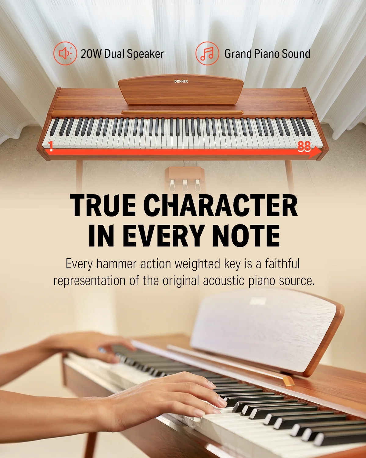 Donner DDP-80 Classic Digital Piano 88 Key Weighted Keyboard, Full-size Electric Piano for Beginners, with Sheet Music Stand, 3 Pedals, Power Adapter