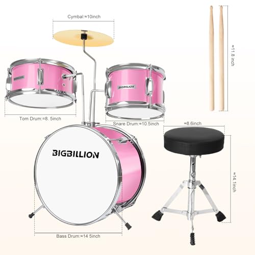 Drum Set for Kids, 3-Piece 14'' Beginner Kids Drum Kit Junior Drum Set with Bass Tom Snare Drum with Adjustable Throne, Cymbal, Pedal
