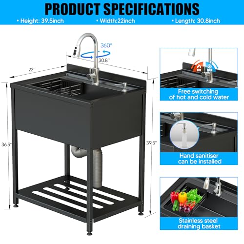 Stainless Steel Utility Sink, 30.8" × 22" × 39.5"Freestanding Sink with Cold and Hot Water Faucet,Hoses and Drain Kit for Kitchens, Bathrooms, Garage