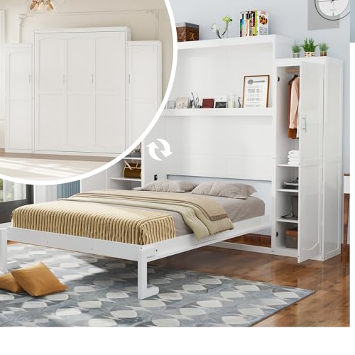 Polib Full Size Murphy Bed with Two Wardrobes and Storage Shelf, Space-Saving Wall Cabinet Bed with Foldable Platform Bedframe for Small Bedrooms