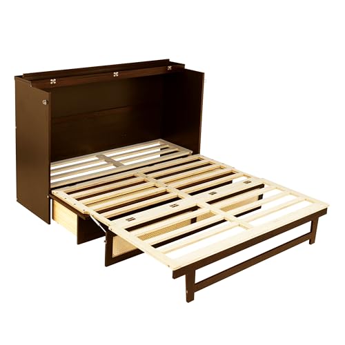 Queen Murphy Bed with Desk and Removable Shelves on Each Side, Murphy Bed Chest Murphy Bed Frame w/USB Port for Home Office, Studio or Guest Room