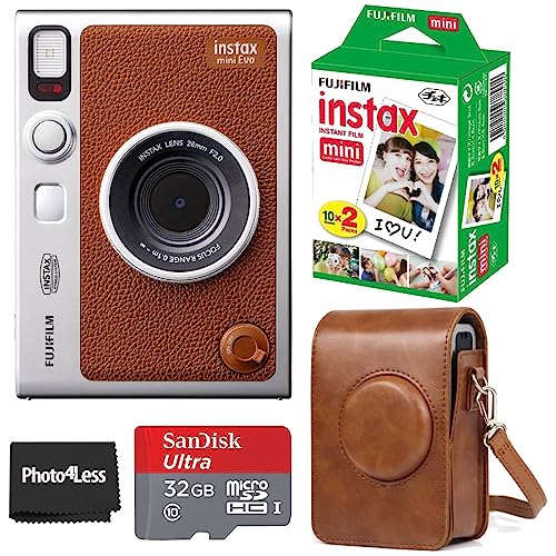 Fujifilm Instax Mini EVO Hybrid Brown Instant Camera | Fuji Instax Mini Twin Pack Instant Film | 32GB microSD | Camera Case - Bundle