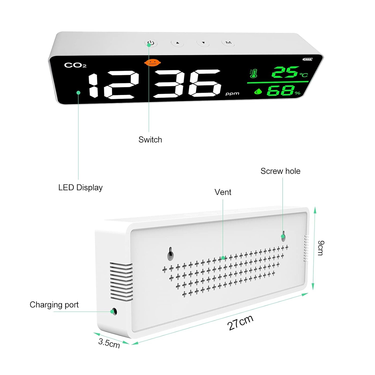 Air Quality Monitor, 3-in-1 Air Pollution Carbon Dioxide Detector, Temperature & Humidity Meter, CO2 exceeding Alarm