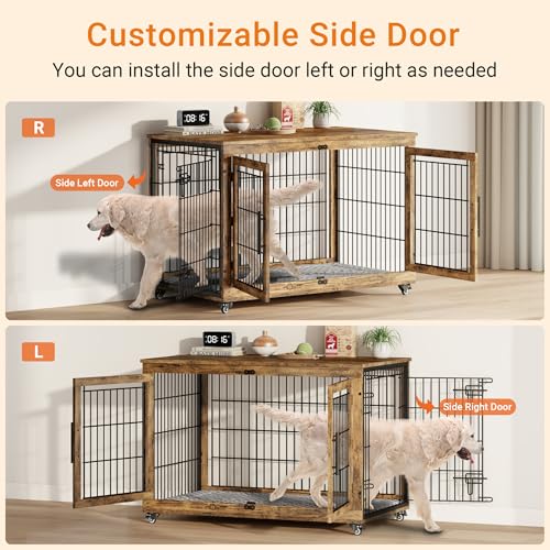 Lulive Dog Crate Furniture for Medium Dogs, 32'' Dog Kennel Indoor with Cushion & Wheels Wooden Dog Cage Double Doors Dog Crate End Table, Grey