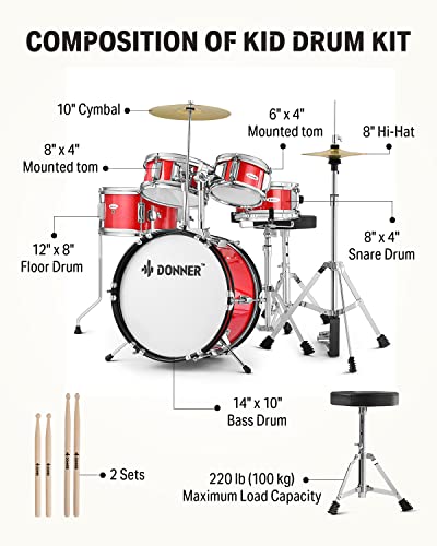 Kid Drum Sets-Donner 5-Piece for Beginners, 14 inch Full Size Complete Junior Drum Kit with Adjustable Throne, Cymbal, Hi-Hat, Pedal & Drumstick